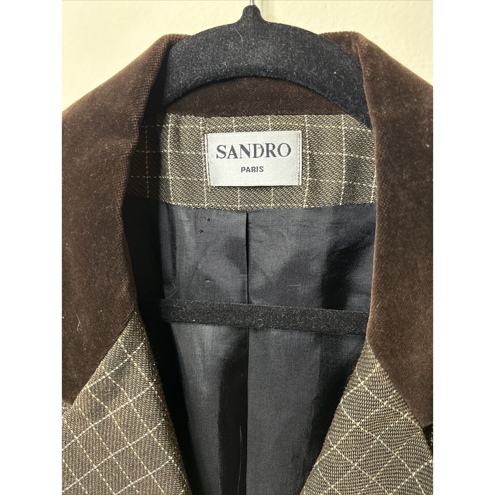 Vintage SANDRO Paris Brown Checked Double-Breasted Velvet Trim Blazer Sz S - Picture 3 of 9